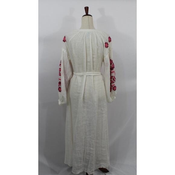 ELEVEN March 11 Sz XS Ivory Linen Pink Embroidered Belted Midi Dress - Picture 3 of 9
